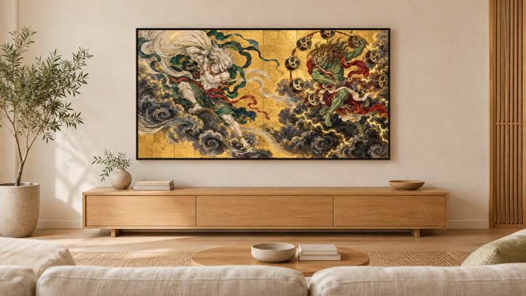 Wind God and Thunder God shown on a wall-mounted 16:9 TV in a living room