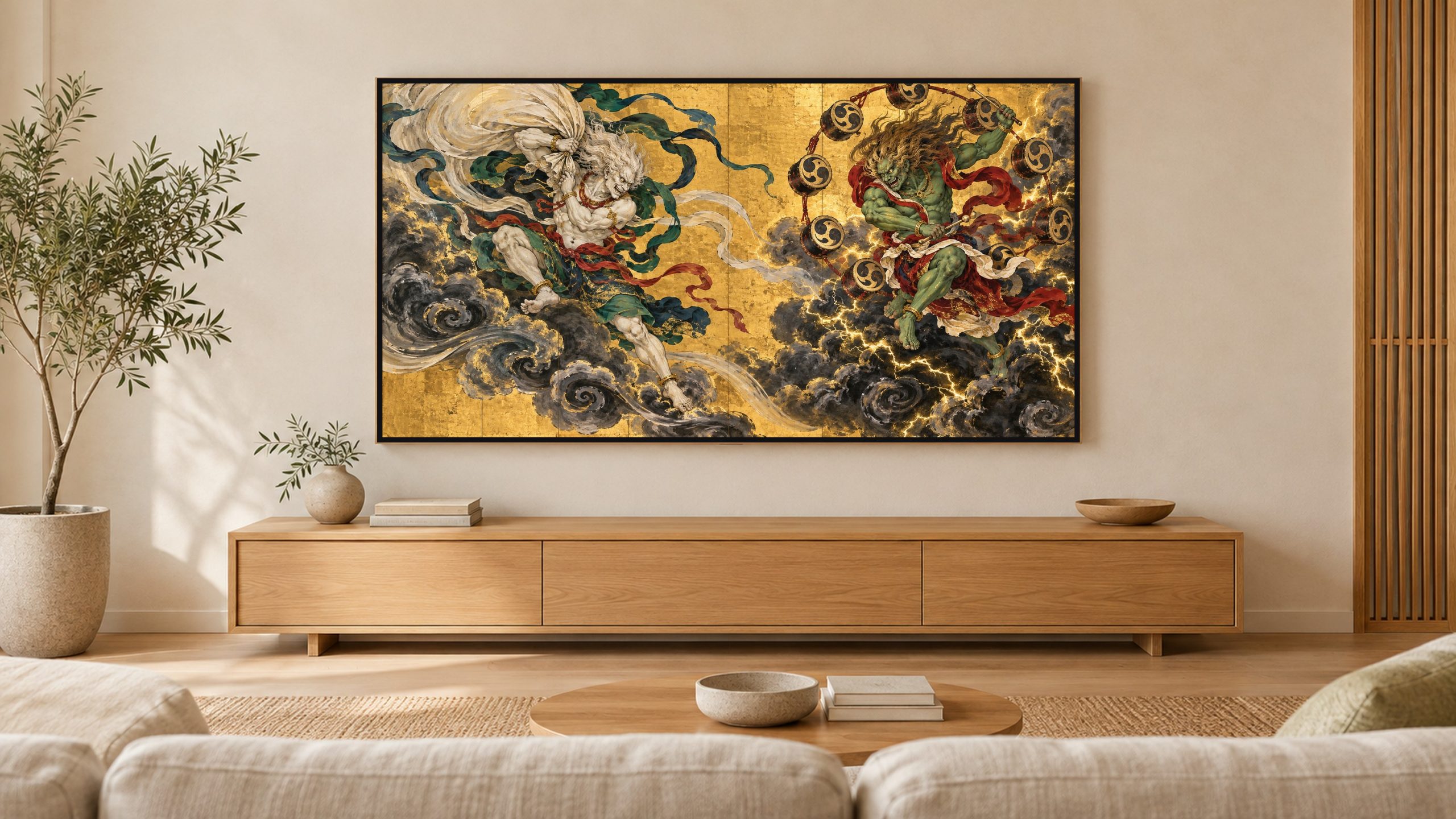Wind God and Thunder God shown on a wall-mounted 16:9 TV in a living room