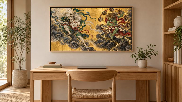 Wind God and Thunder God shown on a wall-mounted 16:9 TV in a home office