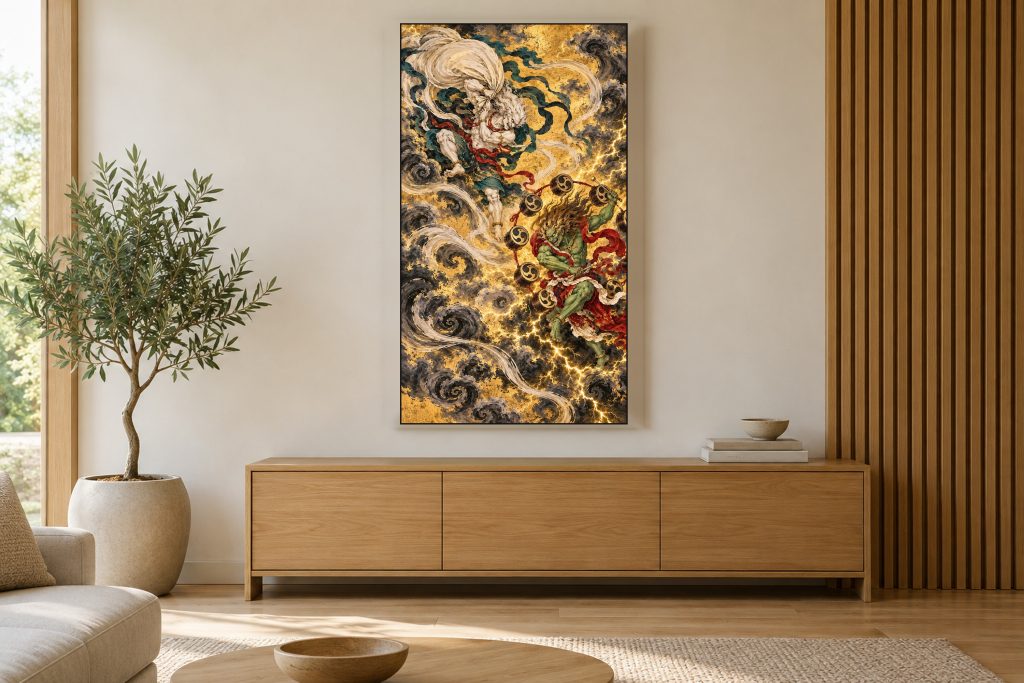 Wind God and Thunder God shown on a vertically mounted TV in a room setting
