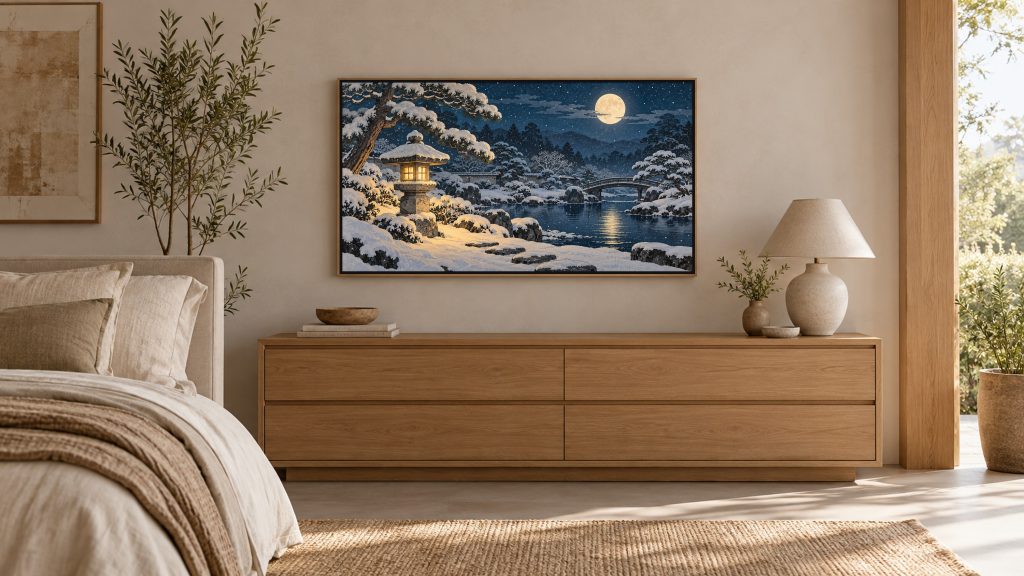 Snowy Garden Lantern at Night shown on a wall-mounted 16:9 TV in a bedroom