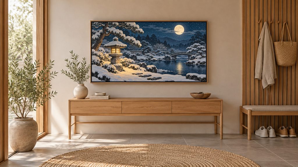 Snowy Garden Lantern at Night shown on a wall-mounted 16:9 TV in an entryway