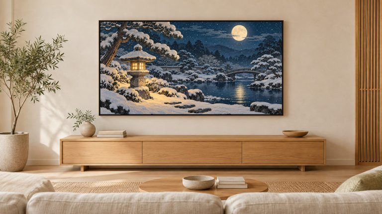 Snowy Garden Lantern at Night shown on a wall-mounted 16:9 TV in a living room