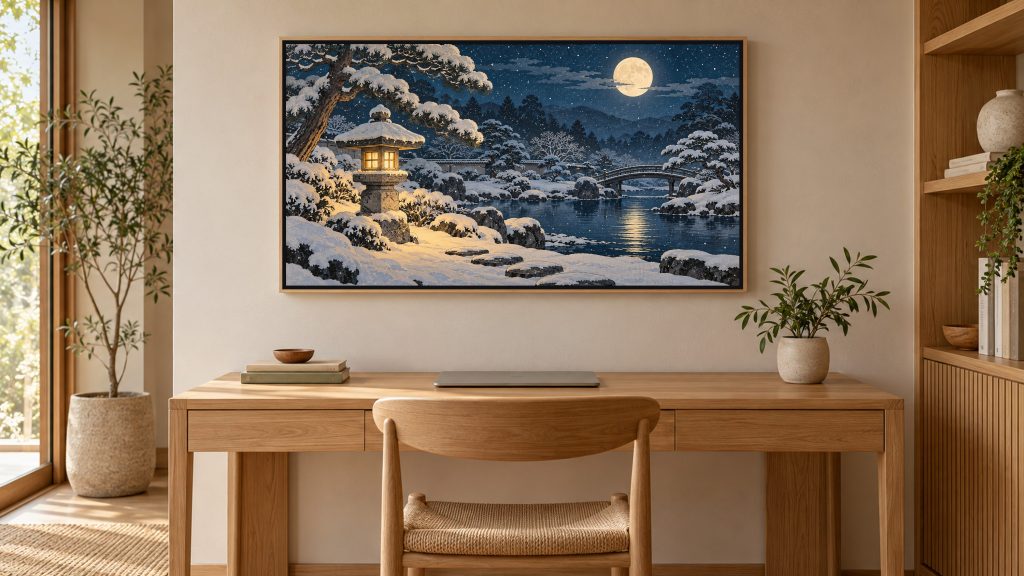 Snowy Garden Lantern at Night shown on a wall-mounted 16:9 TV in a home office