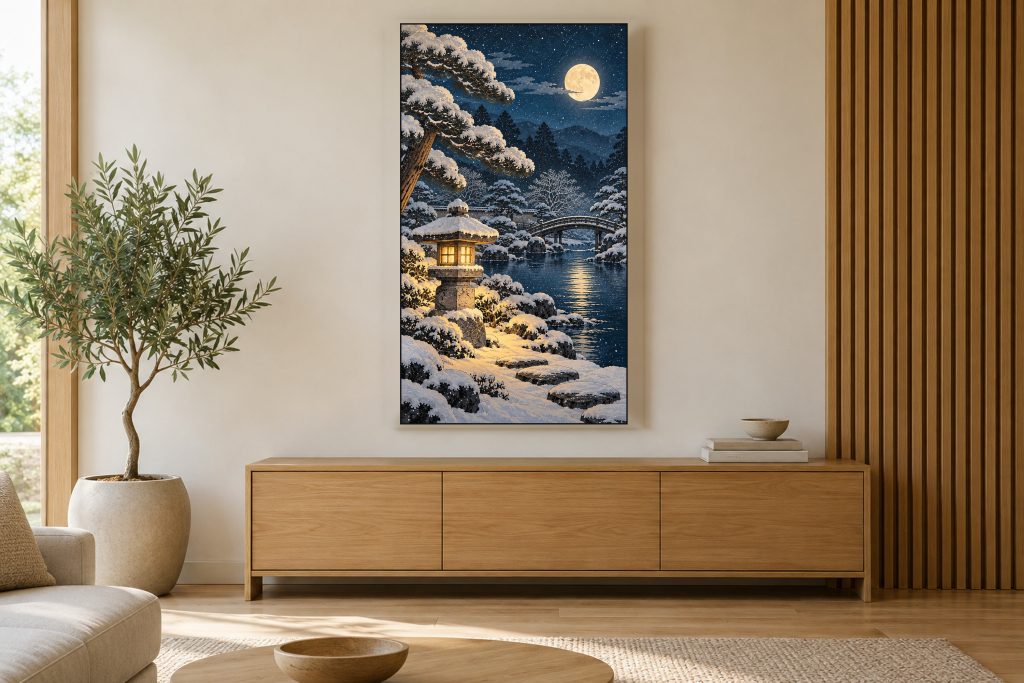Snowy Garden Lantern at Night shown on a vertically mounted TV in a room setting