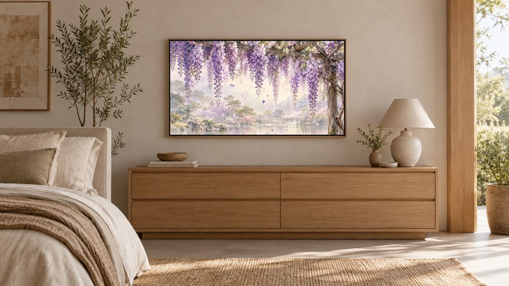Wisteria Trellis shown on a wall-mounted 16:9 TV in a bedroom