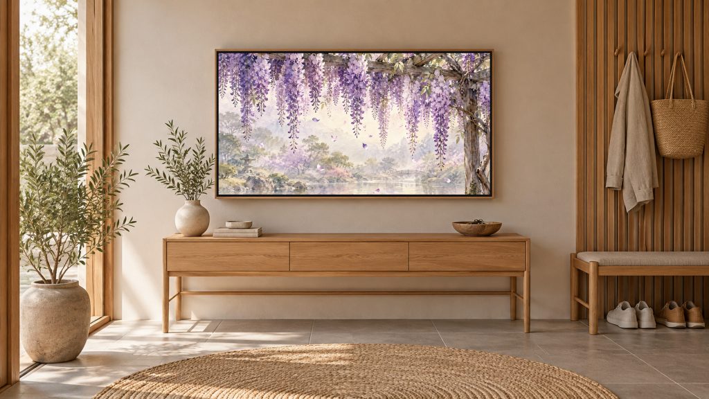 Wisteria Trellis shown on a wall-mounted 16:9 TV in an entryway