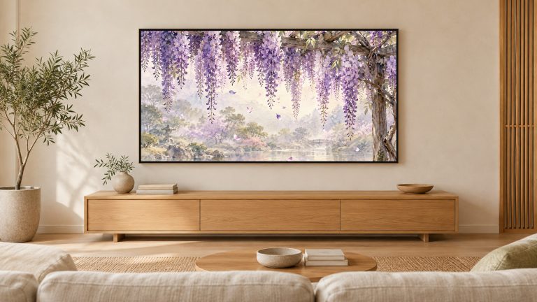 Wisteria Trellis shown on a wall-mounted 16:9 TV in a living room