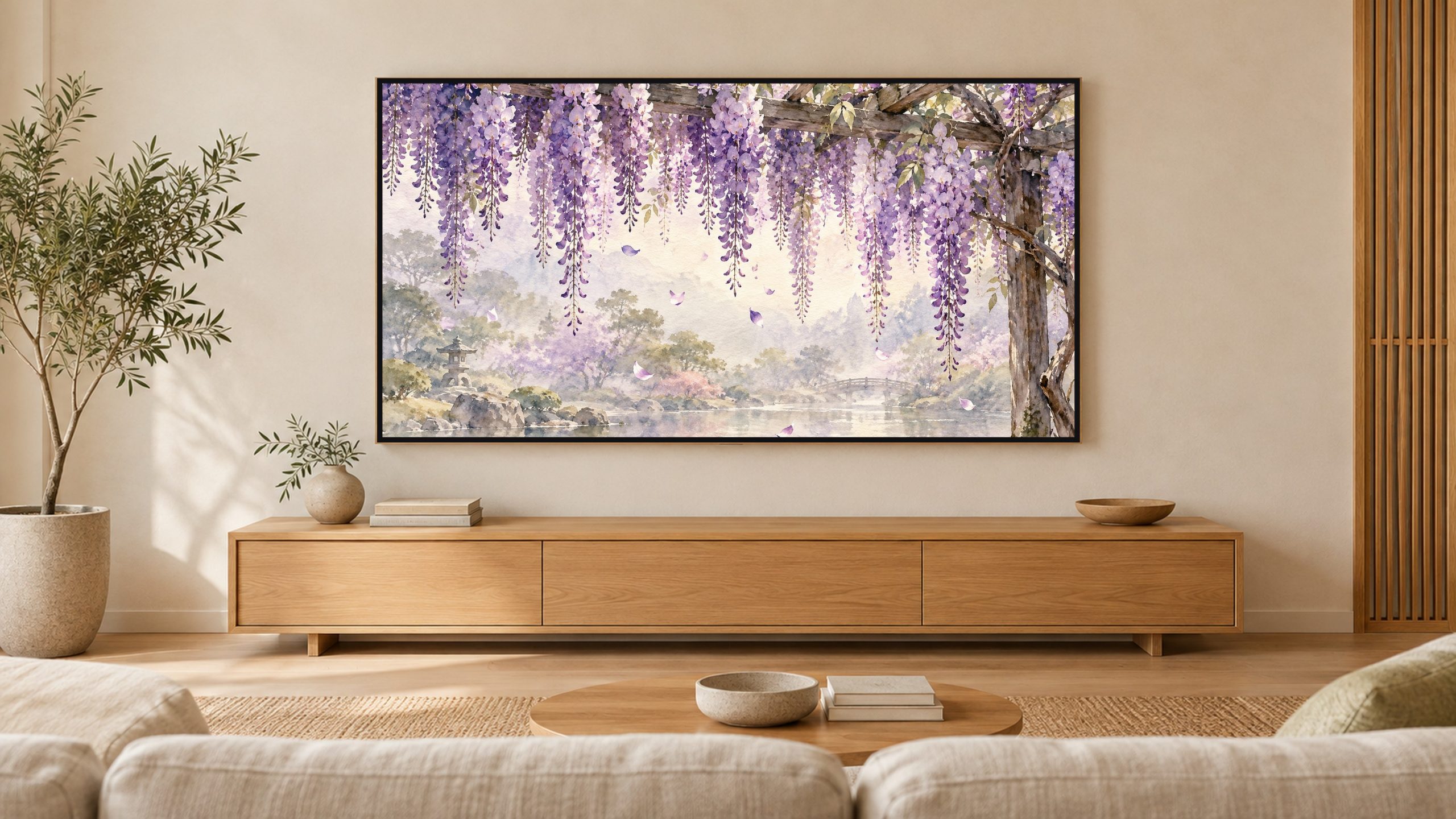 Wisteria Trellis shown on a wall-mounted 16:9 TV in a living room