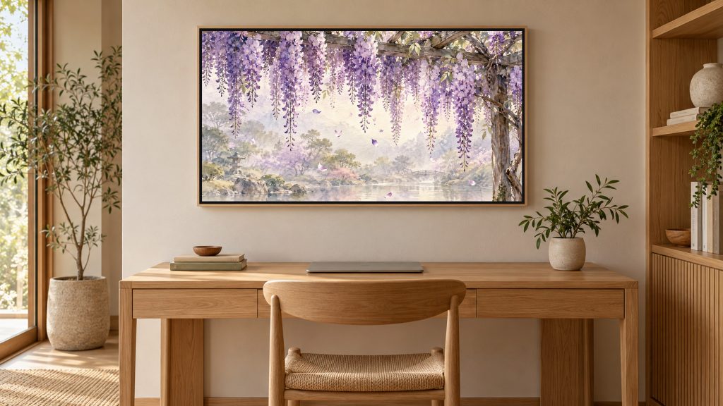 Wisteria Trellis shown on a wall-mounted 16:9 TV in a home office