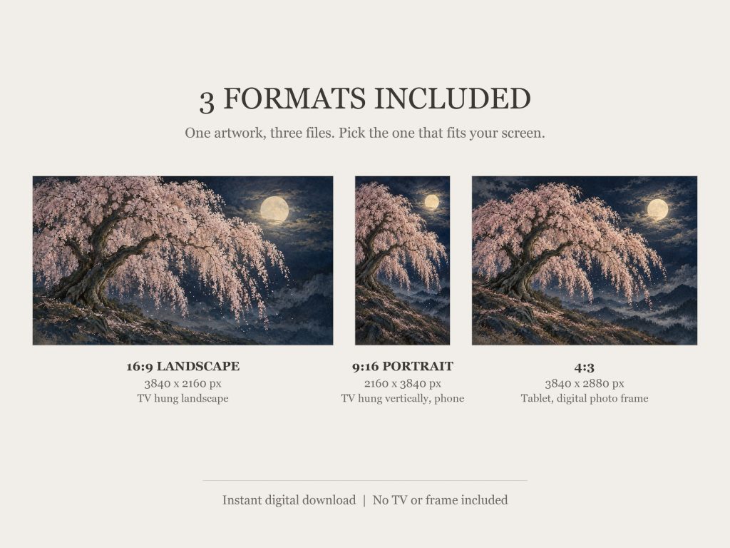 Weeping Cherry at Night with Moon: the three included formats, 16:9, 9:16 and 4:3