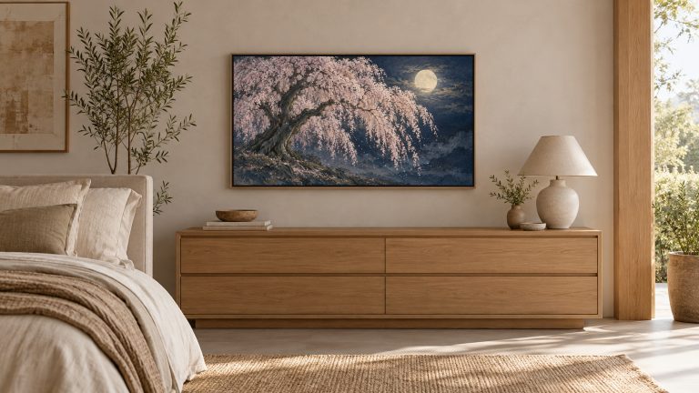 Weeping Cherry at Night with Moon shown on a wall-mounted 16:9 TV in a bedroom