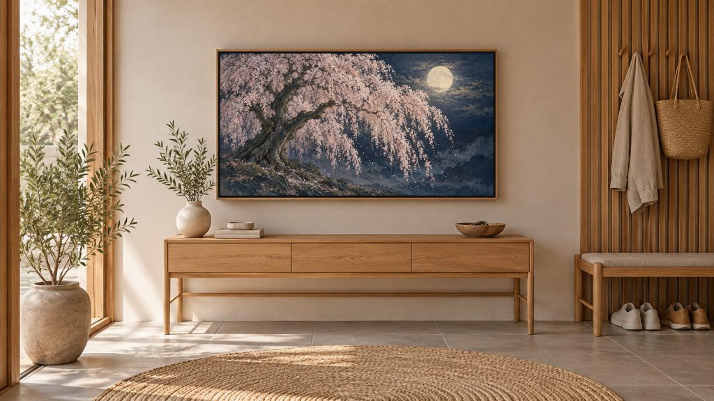Weeping Cherry at Night with Moon shown on a wall-mounted 16:9 TV in an entryway
