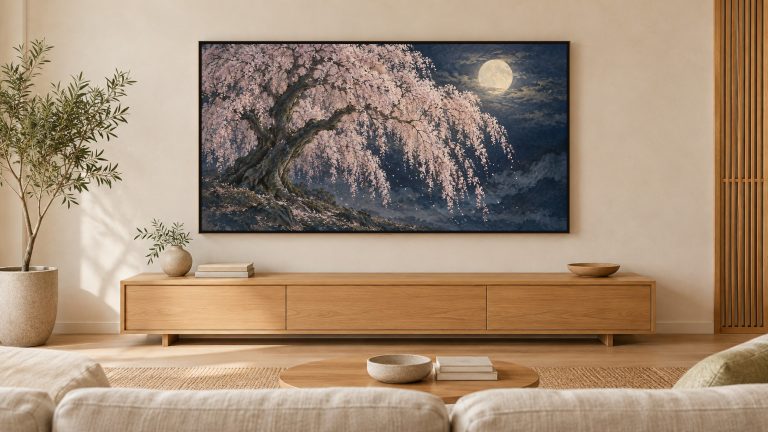 Weeping Cherry at Night with Moon shown on a wall-mounted 16:9 TV in a living room