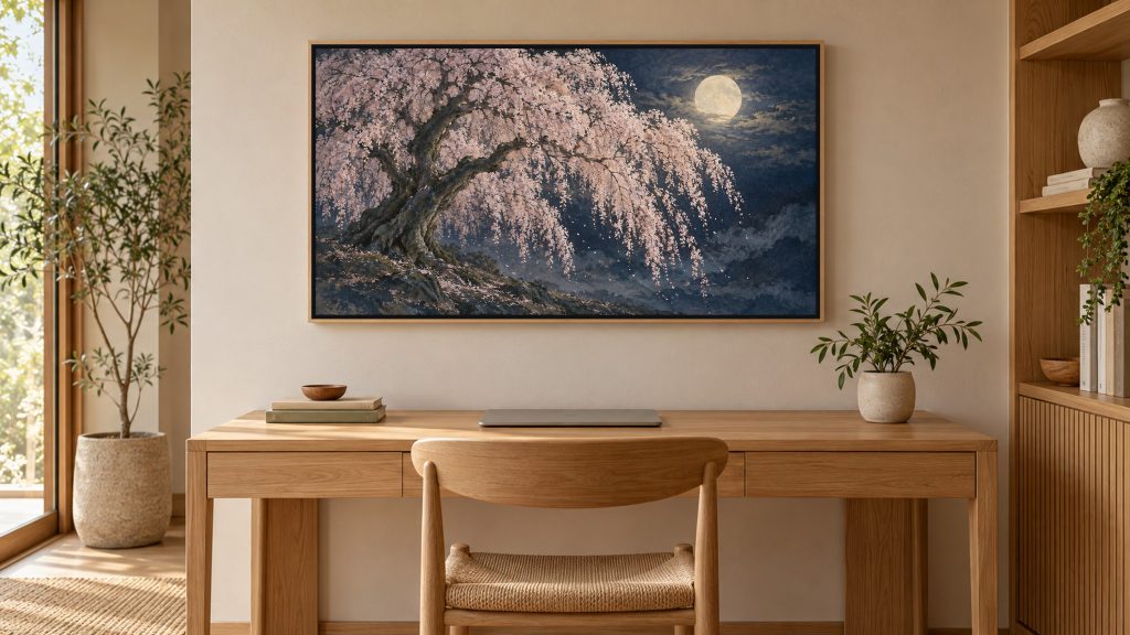 Weeping Cherry at Night with Moon shown on a wall-mounted 16:9 TV in a home office