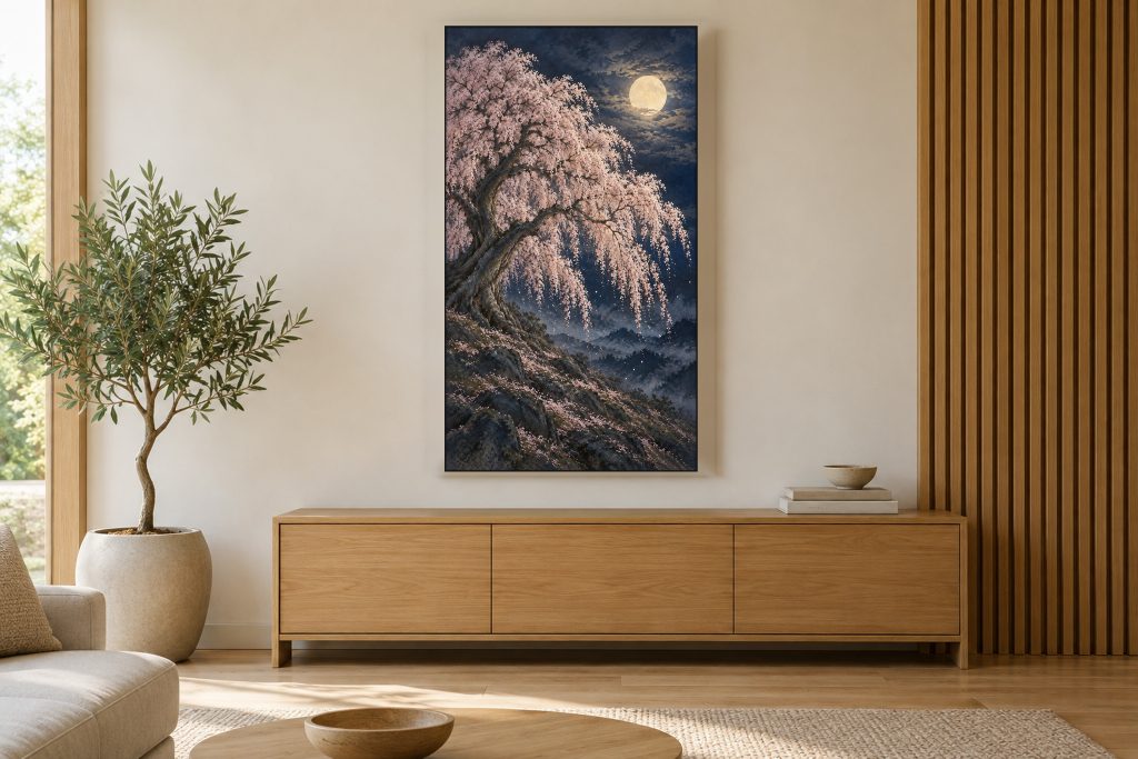Weeping Cherry at Night with Moon shown on a vertically mounted TV in a room setting